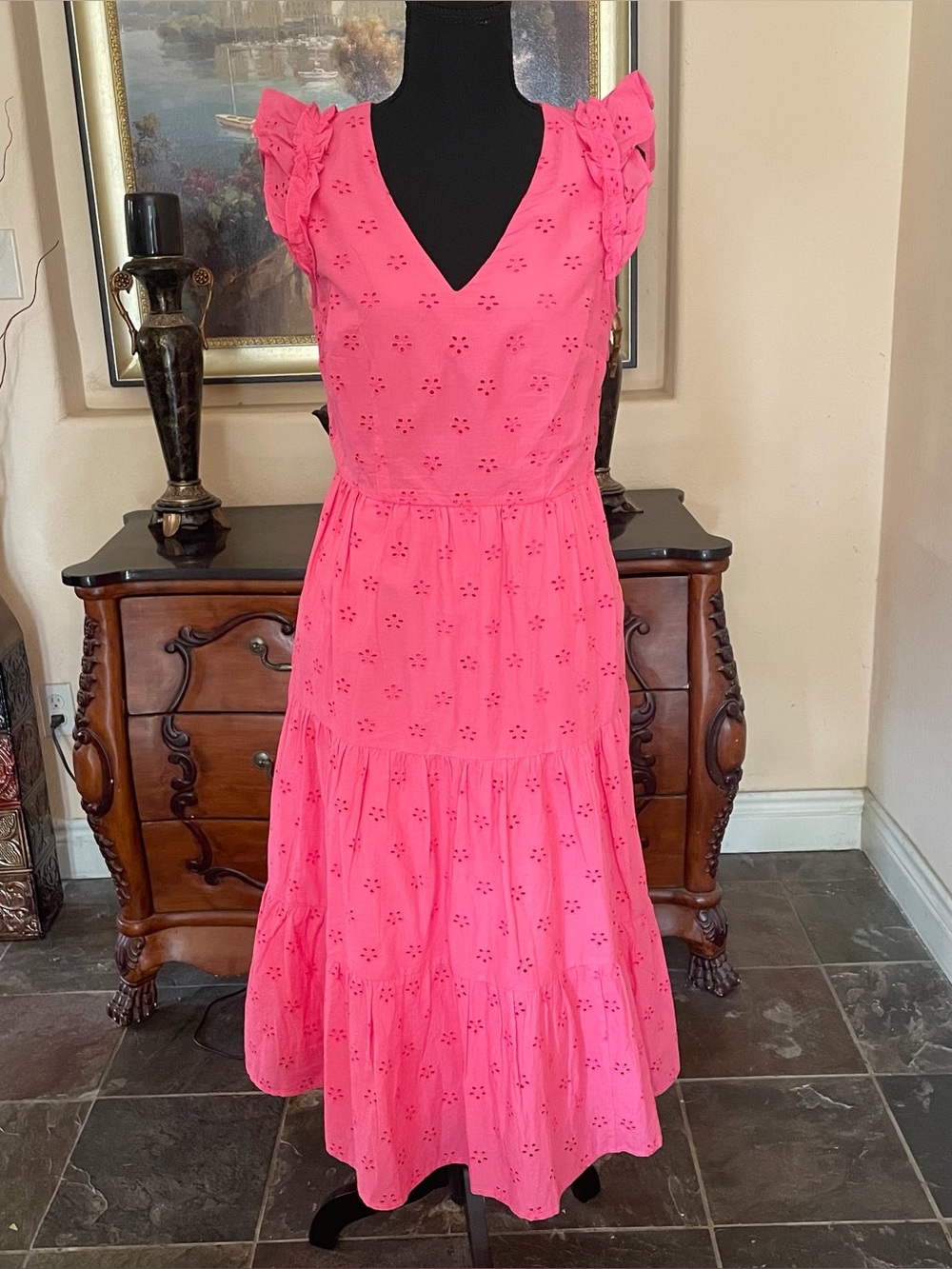 J.Crew Factory Bright Pink Eyelet Tiered Midi Dress